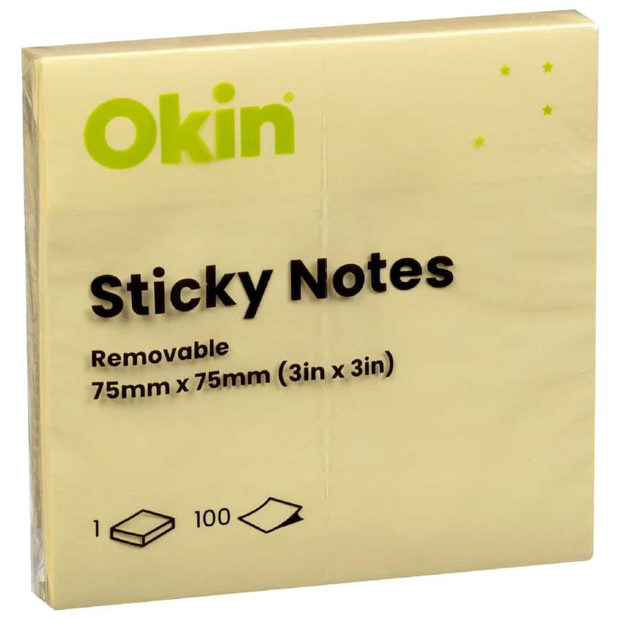 Okin Sticky Notes Yellow 75mm x 75mm
