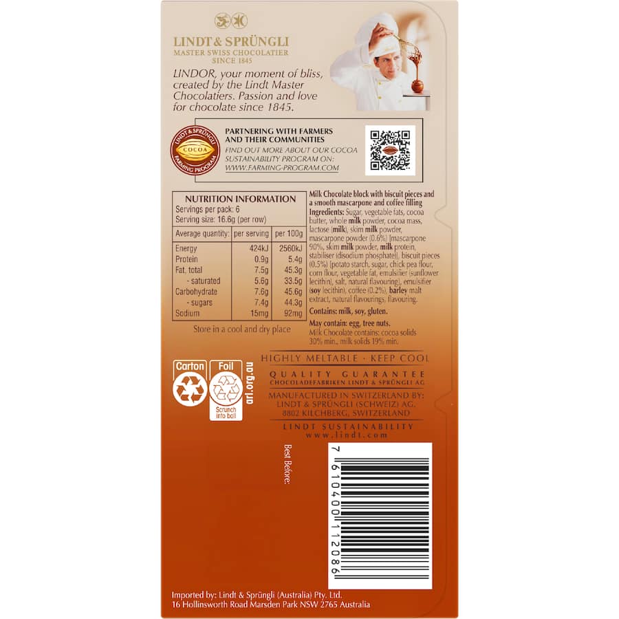 Lindt Lindor Chocolate Block Tiramisu 100g