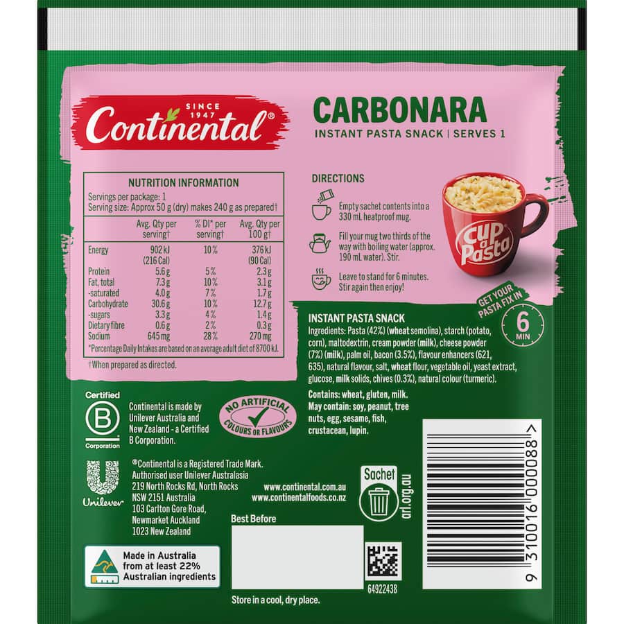 Continental Cup A Pasta Carbonara 50g
