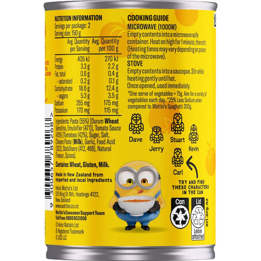 Watties Pasta Minions Shapes In Tomato 300g