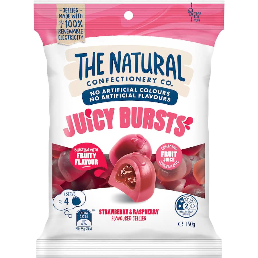 The Natural Confectionery Co Juicy Bursts Strawberry & Raspberry 150g