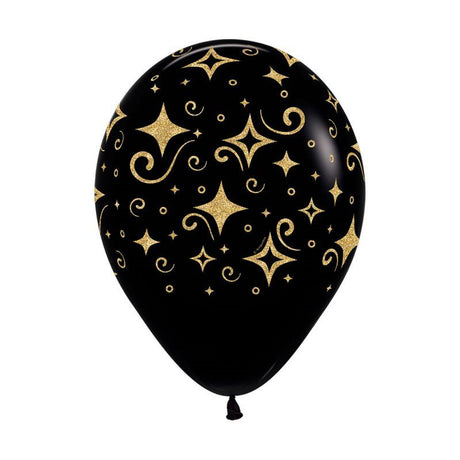 Black latex balloons with golden diamond prints, perfect for elegant celebrations, pack of 12, 30cm size.