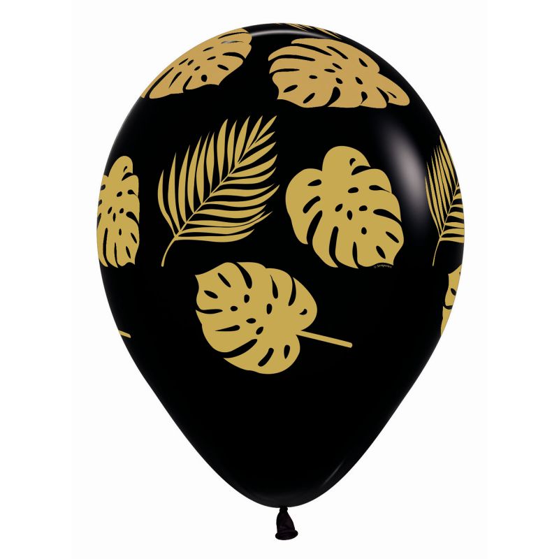 Elegant black latex balloon with gold leaf design, perfect for upscale celebrations, available in a pack of 12.