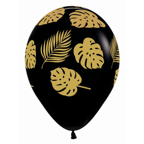 Elegant black latex balloon with gold leaf design, perfect for upscale celebrations, available in a pack of 12.