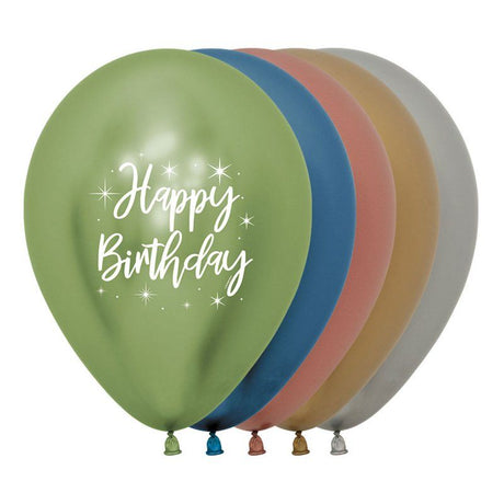 Assorted Sempertex Happy Birthday metallic latex balloons in vibrant colors, perfect for festive birthday celebrations.
