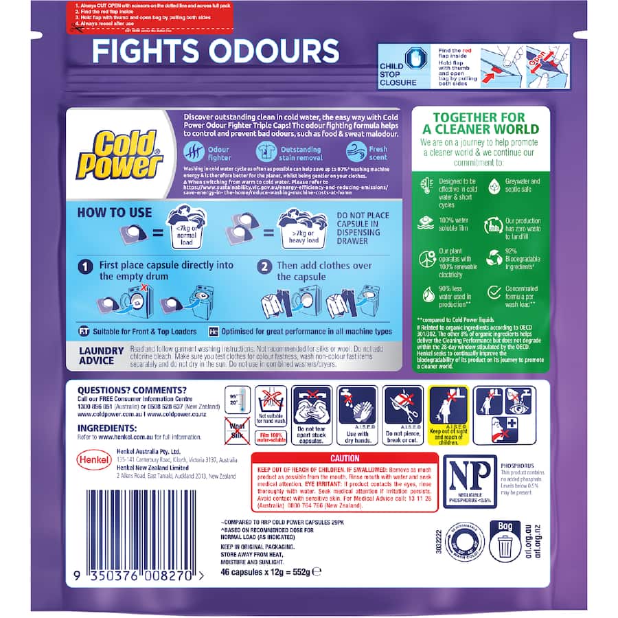 Cold Power Laundry Capsules Odour Fighter 46pack