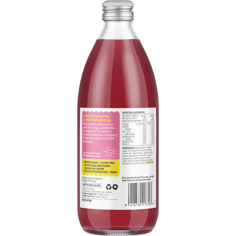 Barkers Soda Syrup Raspberry Lemonade 500mL