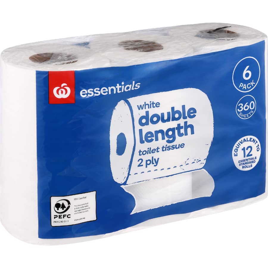 Essentials Toilet Paper 2 Ply White Double Length 6pack