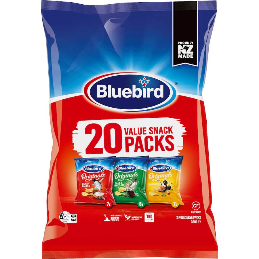 Bluebird Originals Mix Potato Chips Multipack Ready Salted, S&v, Chicken 20 pack 360g