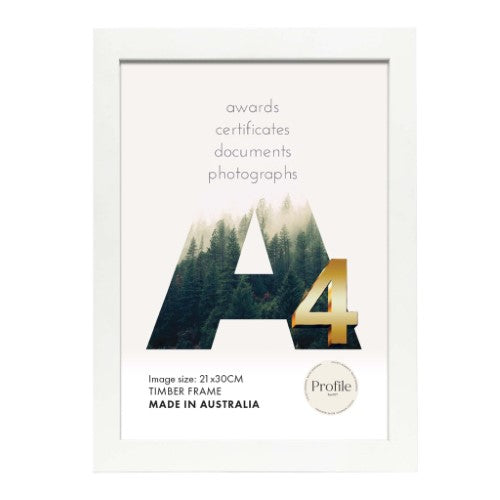 Elegant white A4 picture frame, made of solid wood, with a matte finish and genuine glass, perfect for showcasing your artwork.