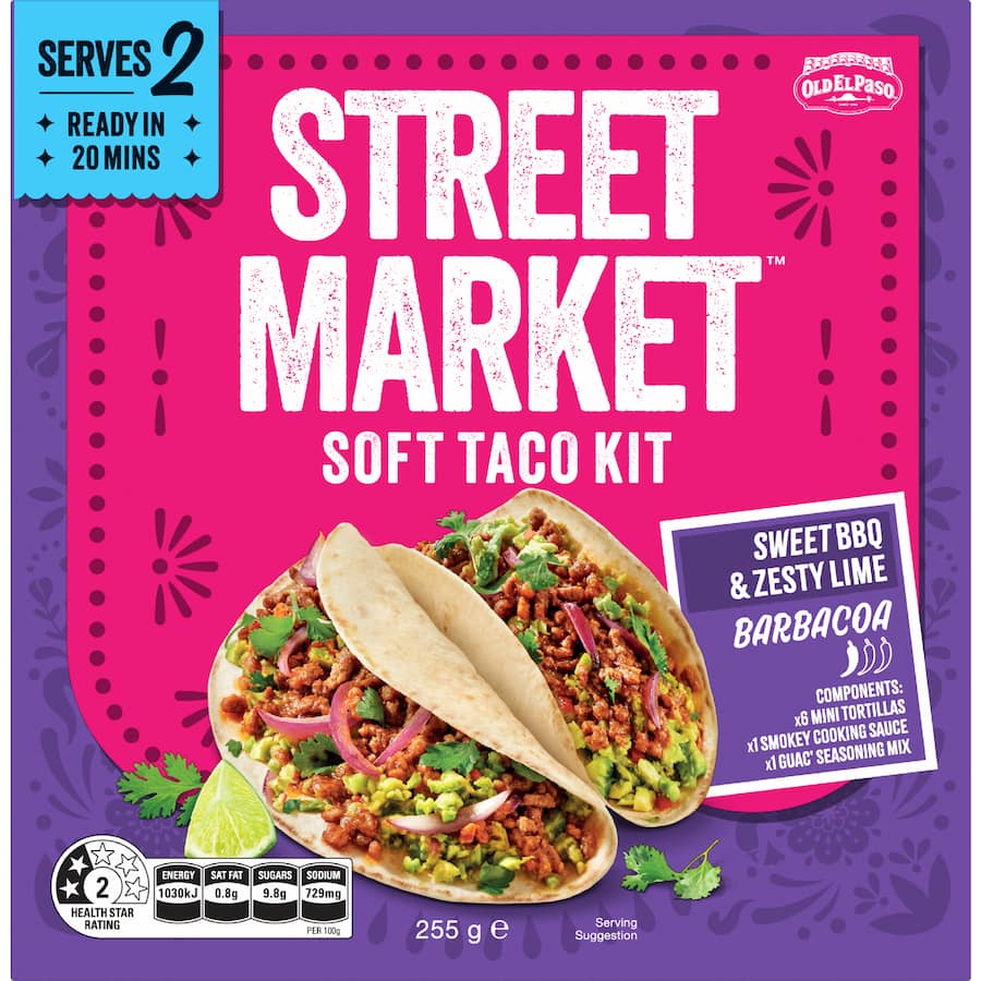 Old El Paso Street Market Soft Taco Kit Sweet Bbq, Zesty Lime Barbacoa 255g