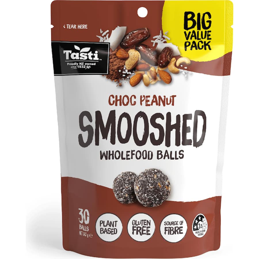 Tasti Smooshed Wholefoods Snack Balls Choc Peanut 6 pack 345g