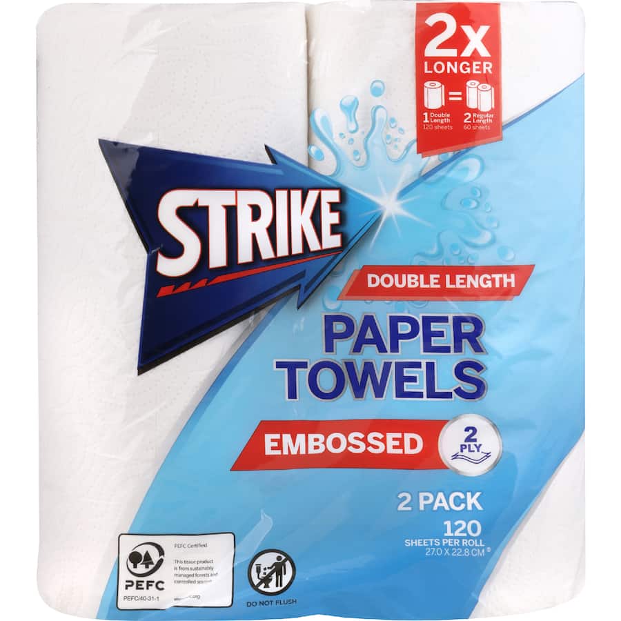 Strike Paper Towels Double Length 2 Ply White 2 pack