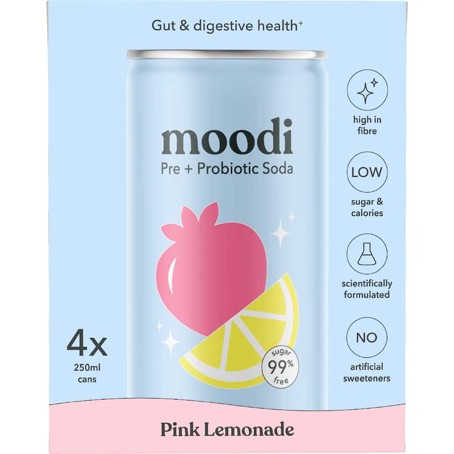 Moodi Pre + Probiotic Soda Pink Lemonade 4 pack 1000mL