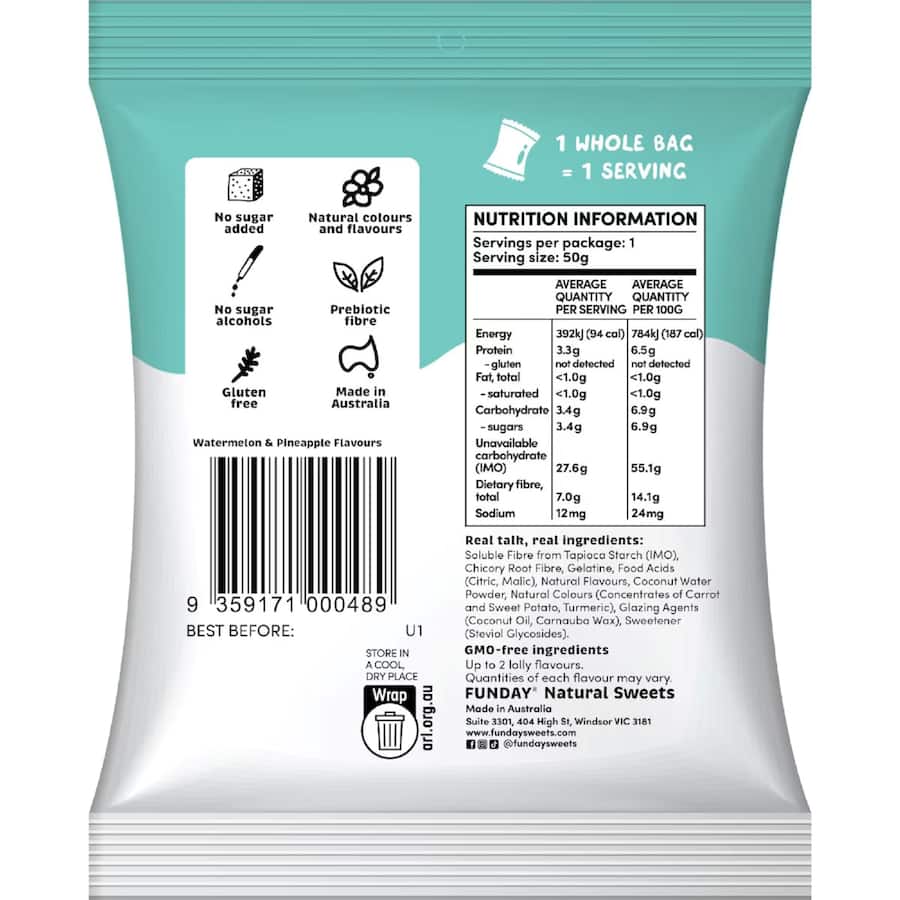 Funday Natural Sweets Coconut Water Gummies Watermelon & Pineapple Flavour 50g