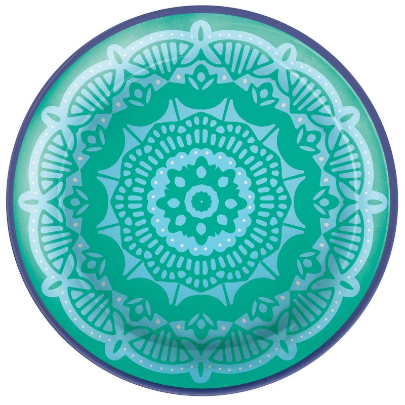 Set of 4 Round Boho Vibes Melamine Dinner Plates, 26cm, featuring vibrant patterns for stylish indoor and outdoor dining.