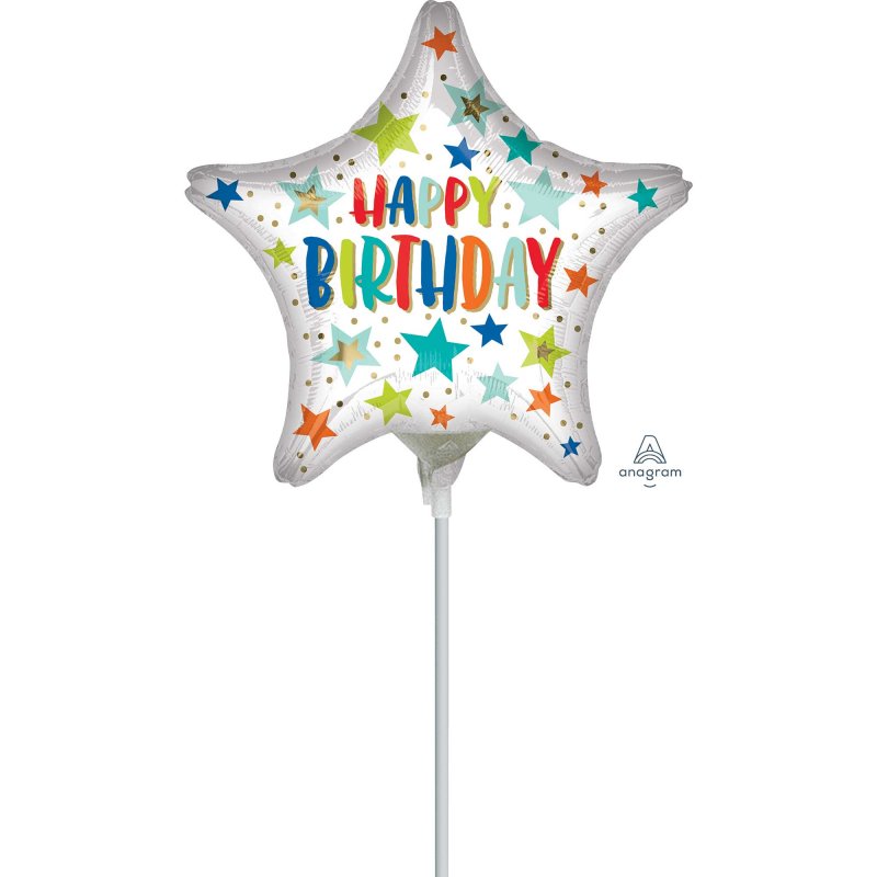 Vibrant 22cm foil balloon with colorful stars and dots, perfect for birthday celebrations and festive decor.
