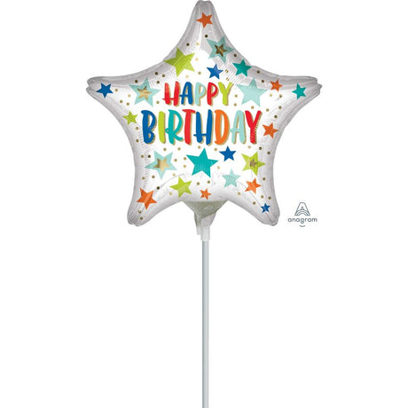 Vibrant 22cm foil balloon with colorful stars and dots, perfect for birthday celebrations and festive decor.