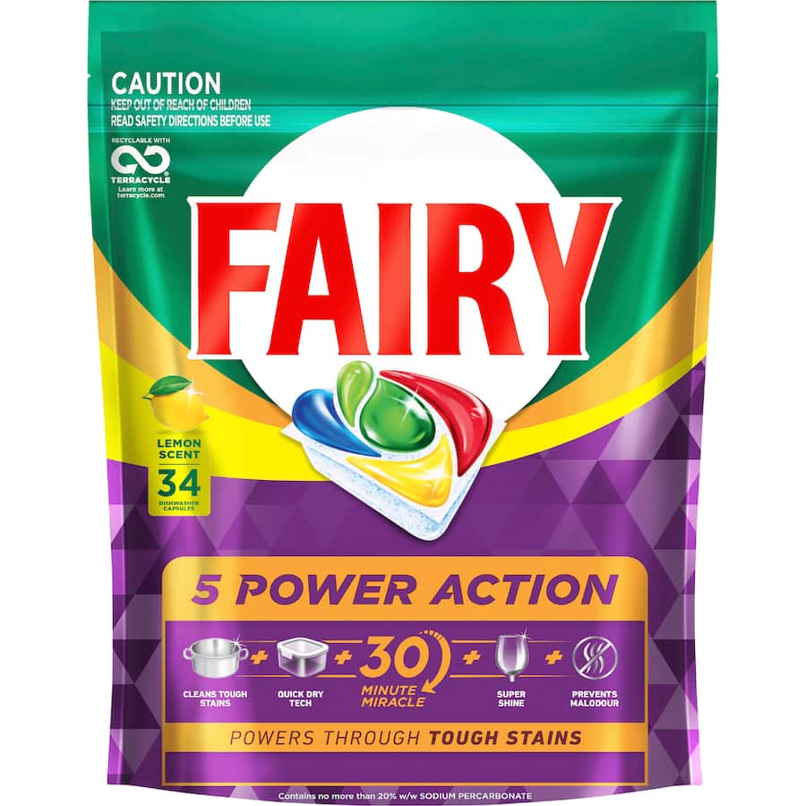 Fairy 5 Power Action Dishwasher Capsules Lemon 34pack