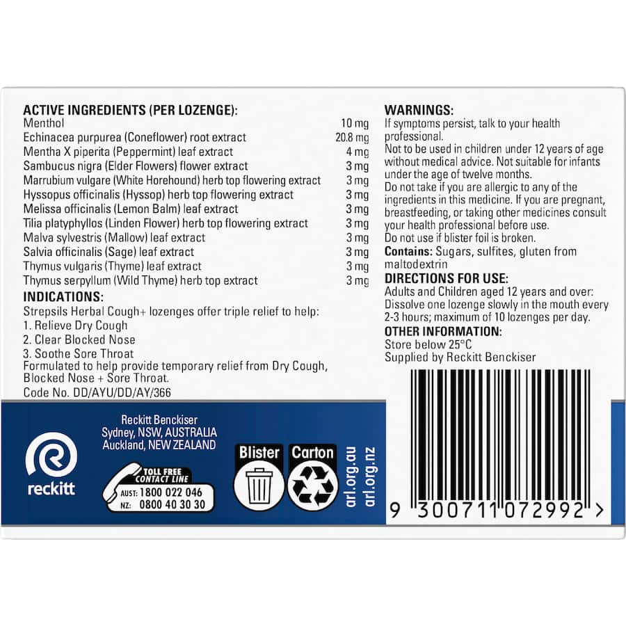 Strepsils Herbal Cough+ Throat Lozenges Honey Lemon 32pack