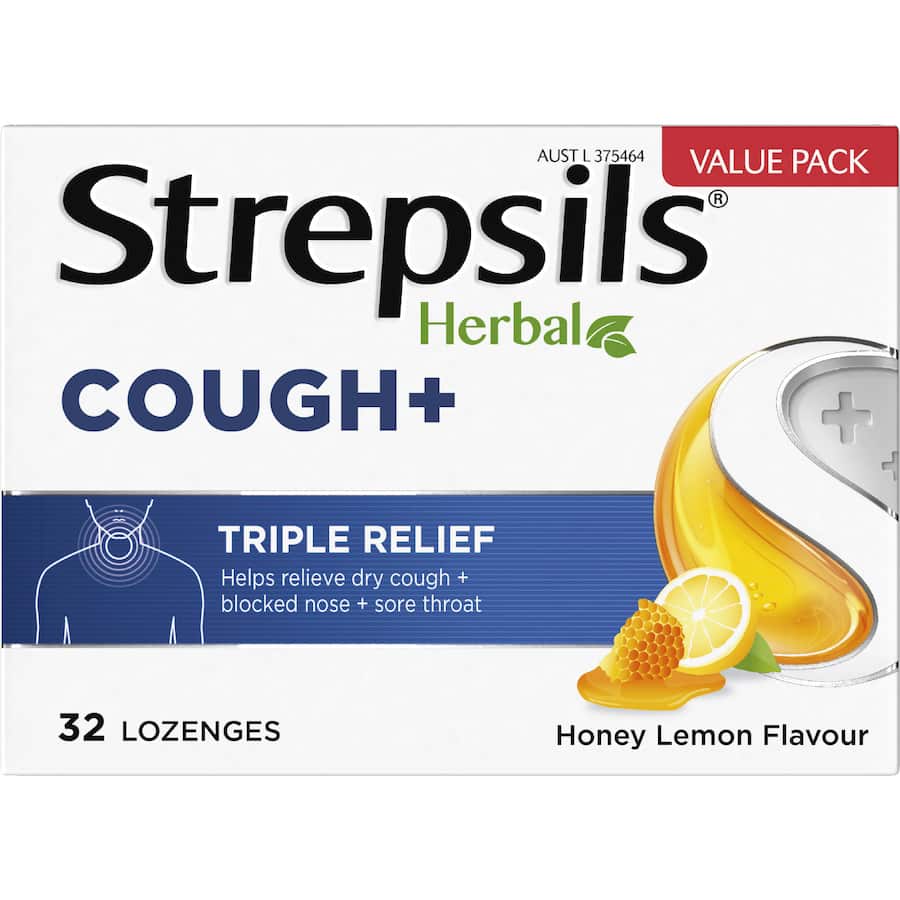 Strepsils Herbal Cough+ Throat Lozenges Honey Lemon 32pack