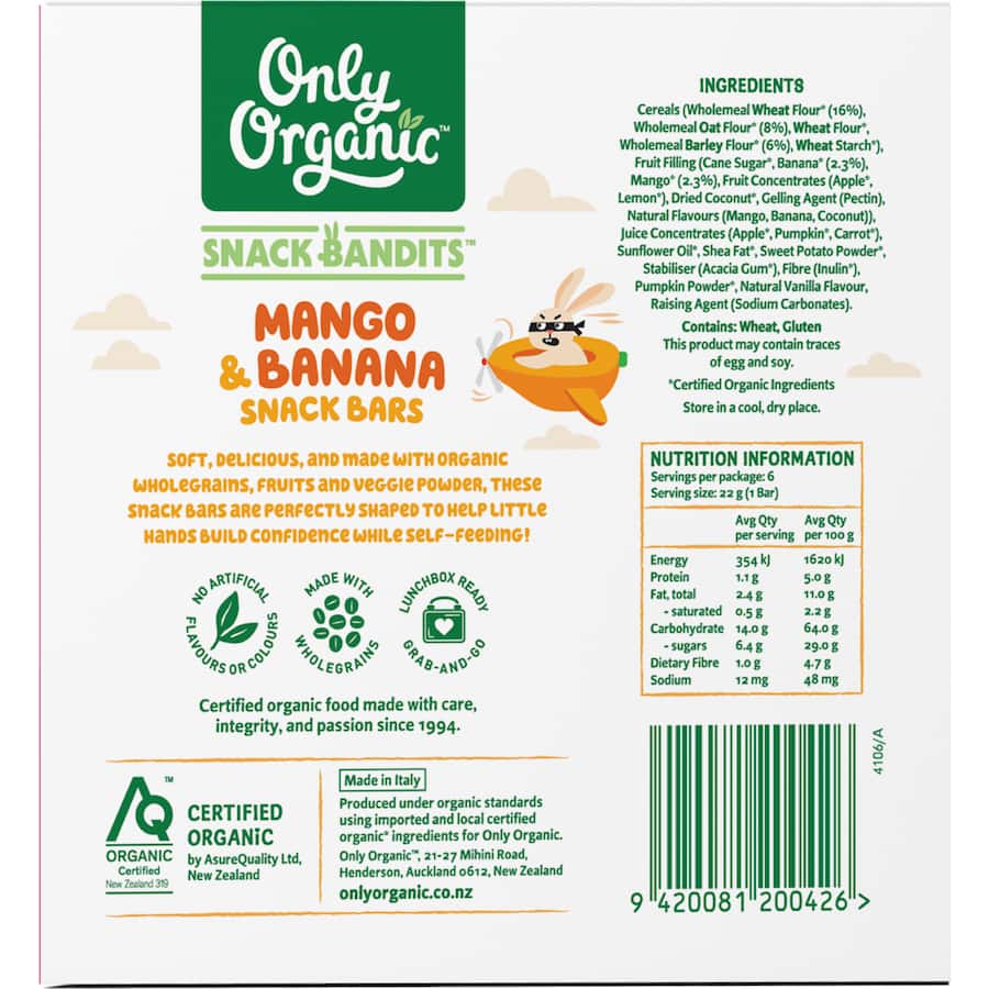 Only Organic Snack Bandits Baby Snack Bars Mango & Banana 6 x 22g