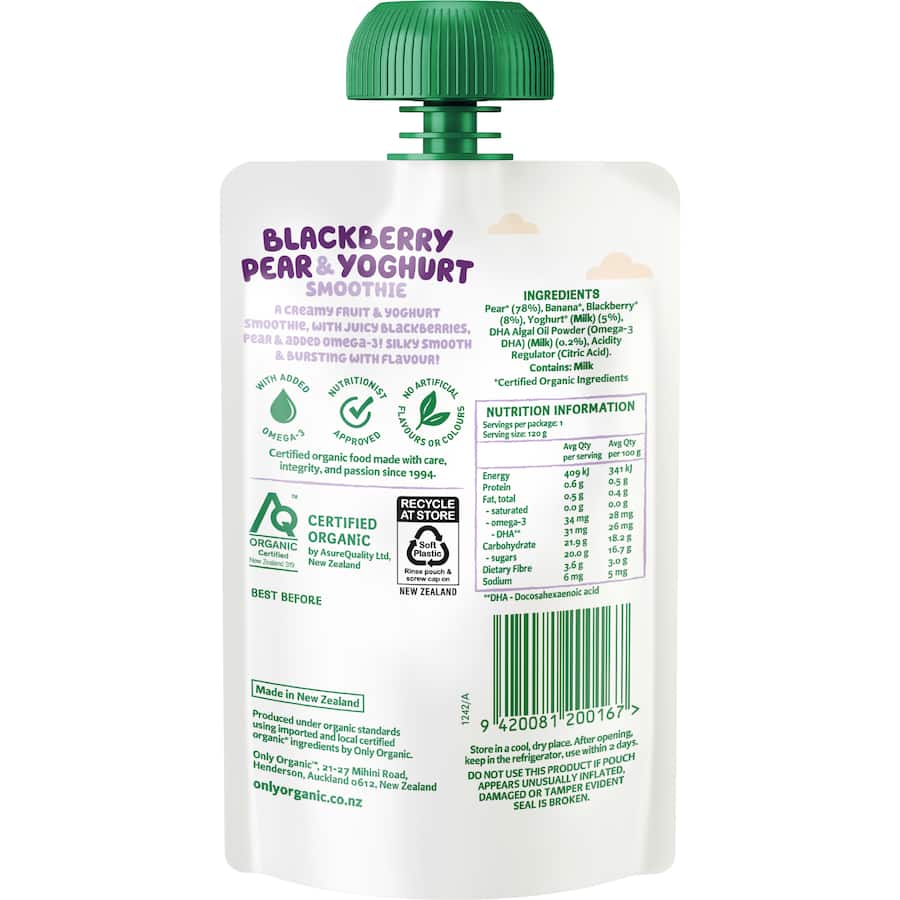 Only Organic Snack Bandits Yoghurt Smoothie Blackberry & Pear 120g