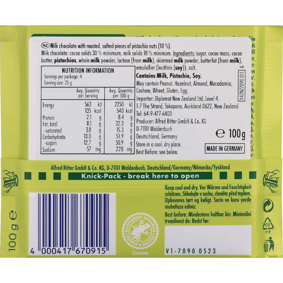 Ritter Sport Nut Selection Chocolate Block Pistachio 100g