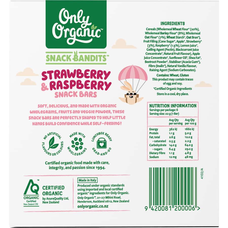 Only Organic Snack Bandits Baby Snack Bars Strawberry & Raspberry 6 x 22g