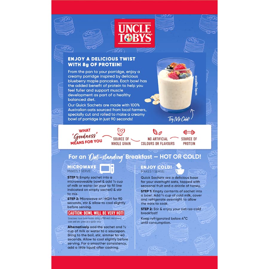 Uncle Tobys Oats Protein Quick Sachets Blueberry Maple Pancake 8 pack 280g