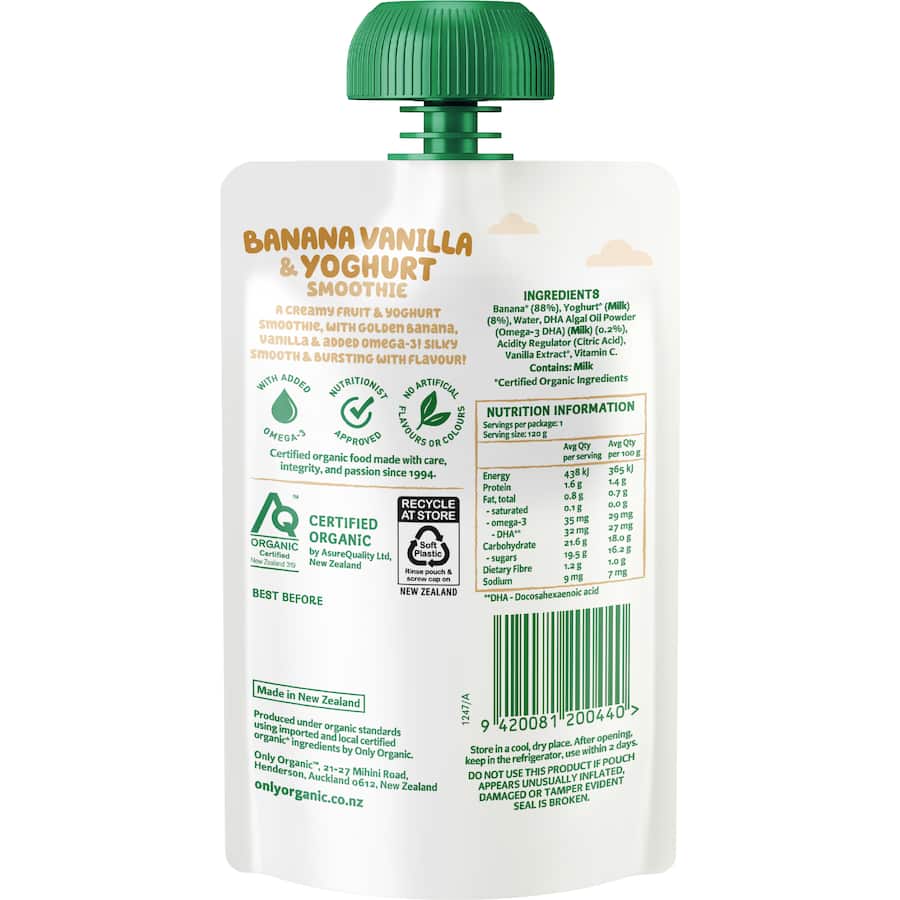 Only Organic Snack Bandits Yoghurt Smoothie Banana Vanilla 120g