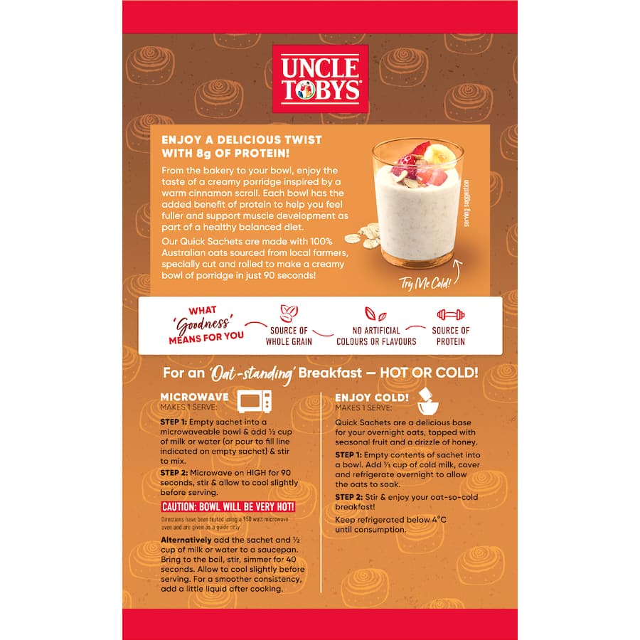 Uncle Tobys Oats Protein Quick Sachets Cinnamon Scroll 8 pack 280g