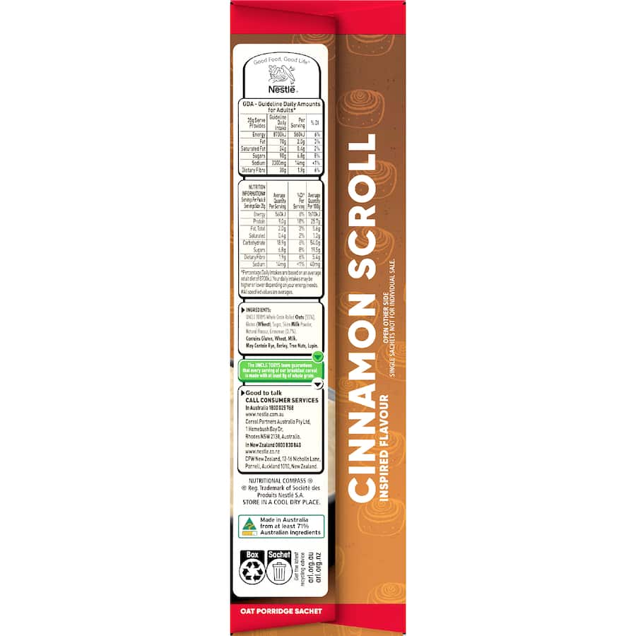Uncle Tobys Oats Protein Quick Sachets Cinnamon Scroll 8 pack 280g