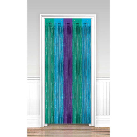 Sparkling Sapphire Metallic Door Curtain, 91cm x 2.43m, enhances decor while blocking drafts and noise. Elegant and easy to install.