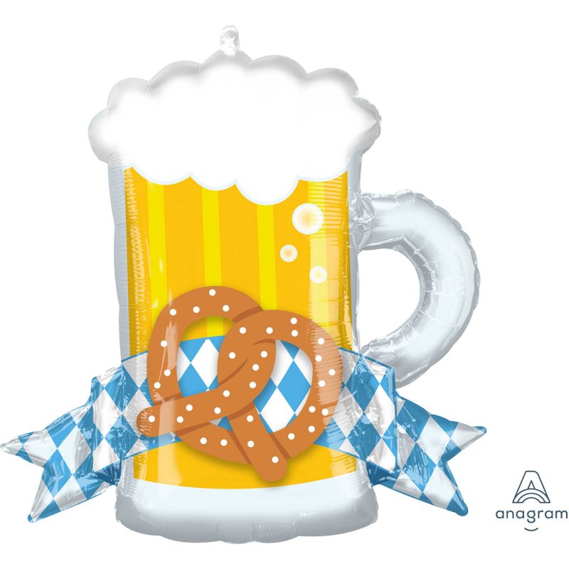 Supershape XL foil balloon designed as an Oktoberfest mug, measuring 66cm x 63cm for festive celebrations.