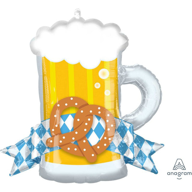 Supershape XL foil balloon designed as an Oktoberfest mug, measuring 66cm x 63cm for festive celebrations.