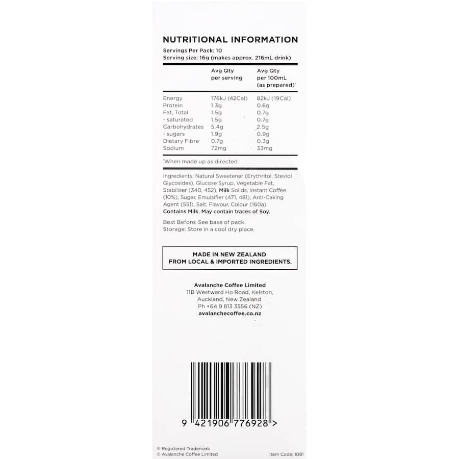 Avalanche Coffee Sachets 99% Sugar Free Vanilla Latte 10 pack 160g