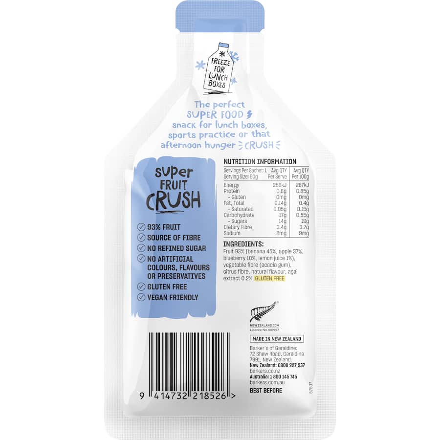 Barkers Super Fruit Crush Fruit Snack Banana Blueberry Acai Pouch 90g