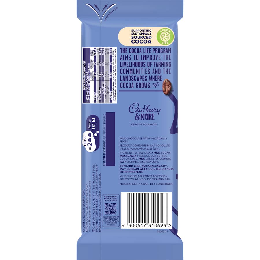 Cadbury & More Chocolate Block Macadamia Roasted 195g