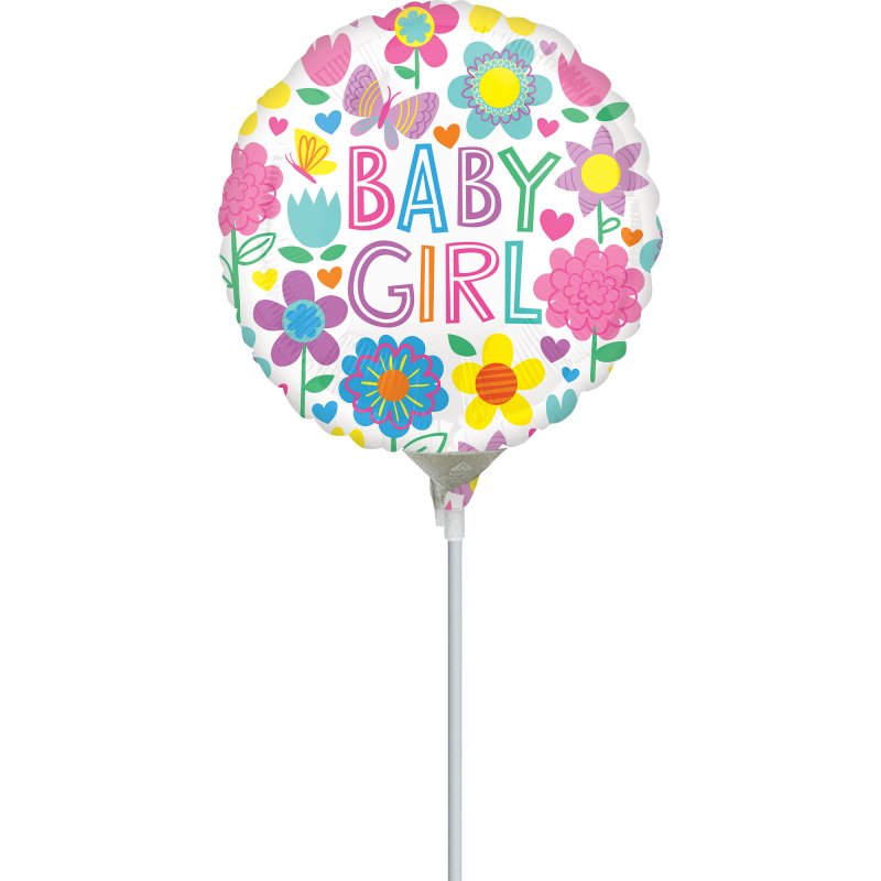 Pink floral butterfly foil balloon for baby girl, 22cm, requires air inflation and heat sealing.