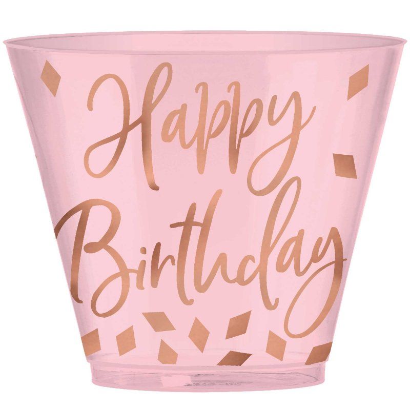 Pack of 30 elegant blush plastic tumblers, hot-stamped, perfect for serving drinks at parties and events.