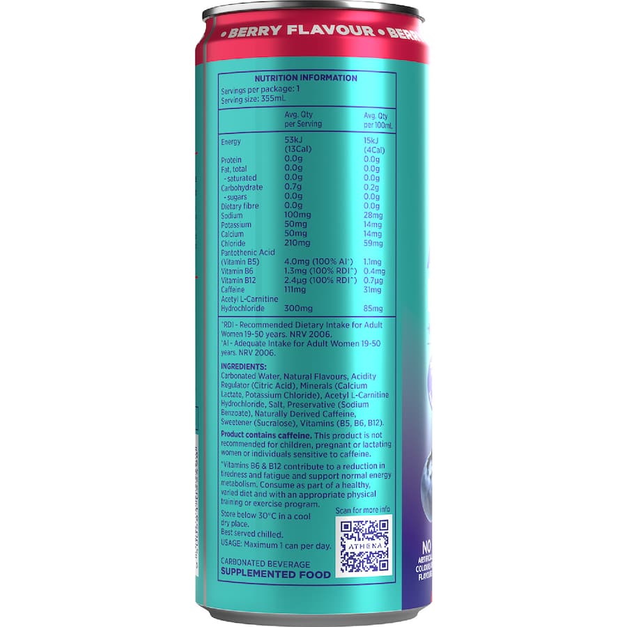 Athena Energy + Electrolytes Drink Zero Sugar Berry Flavour 355mL