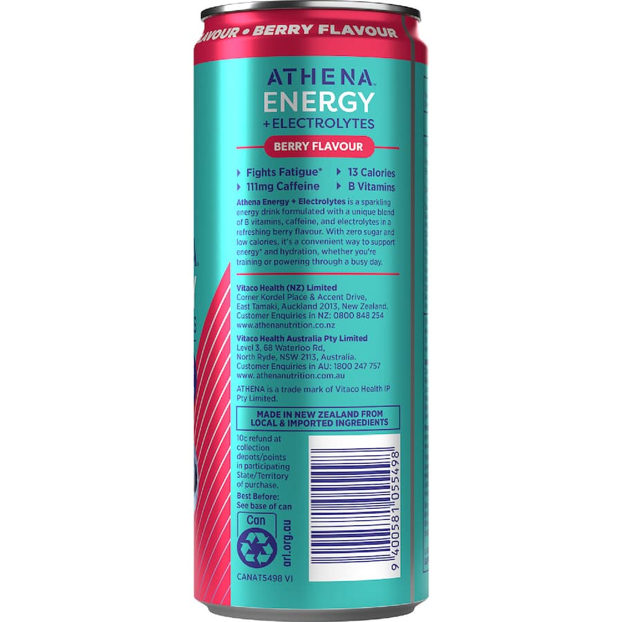 Athena Energy + Electrolytes Drink Zero Sugar Berry Flavour 355mL