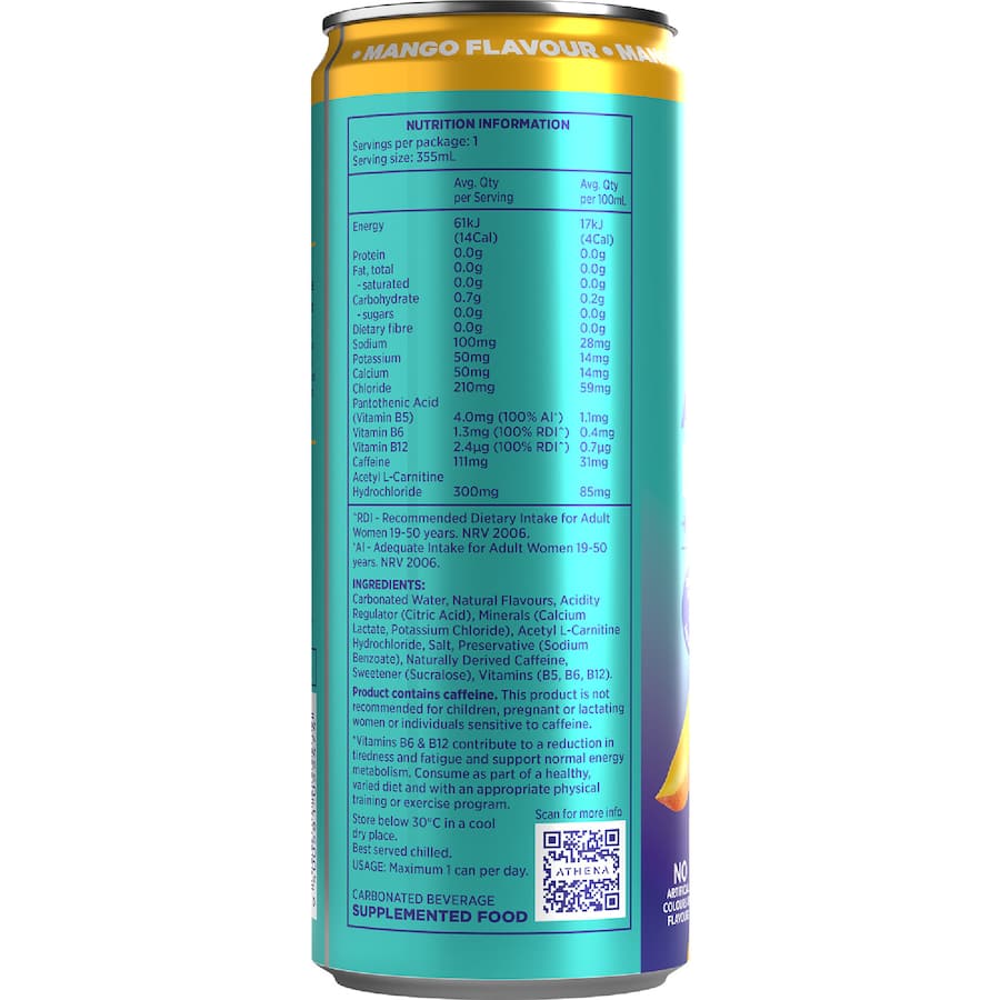 Athena Energy + Electrolytes Drink Zero Sugar Mango Flavour 355mL