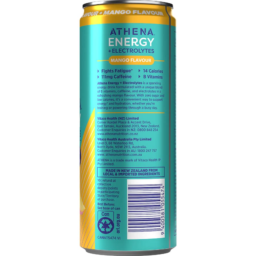 Athena Energy + Electrolytes Drink Zero Sugar Mango Flavour 355mL