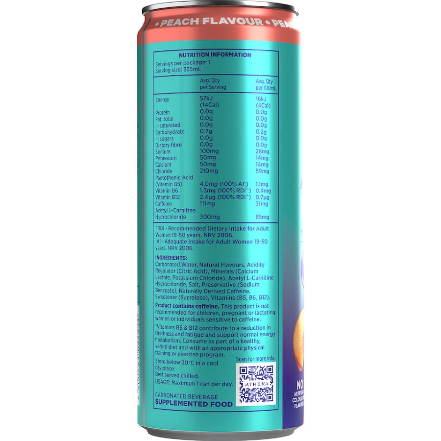 Athena Energy + Electrolytes Drink Zero Sugar Peach Flavour 355mL