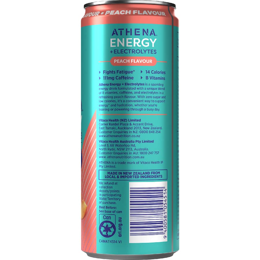 Athena Energy + Electrolytes Drink Zero Sugar Peach Flavour 355mL