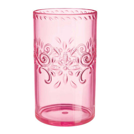 Boho Vibes pink floral highball tumblers with debossed finish, perfect for cocktails and outdoor gatherings.