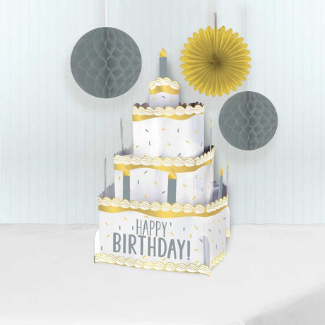 Silver and gold pop-up cake centerpiece decoration for birthdays, made of sturdy cardboard, 25cm in height.