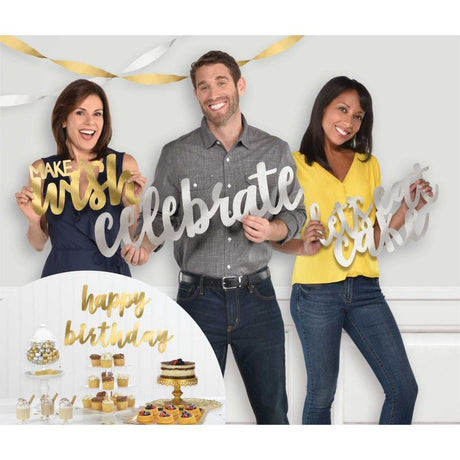 Happy Birthday themed foil cutout photo props in silver and gold, perfect for vibrant party decor and memorable photos.